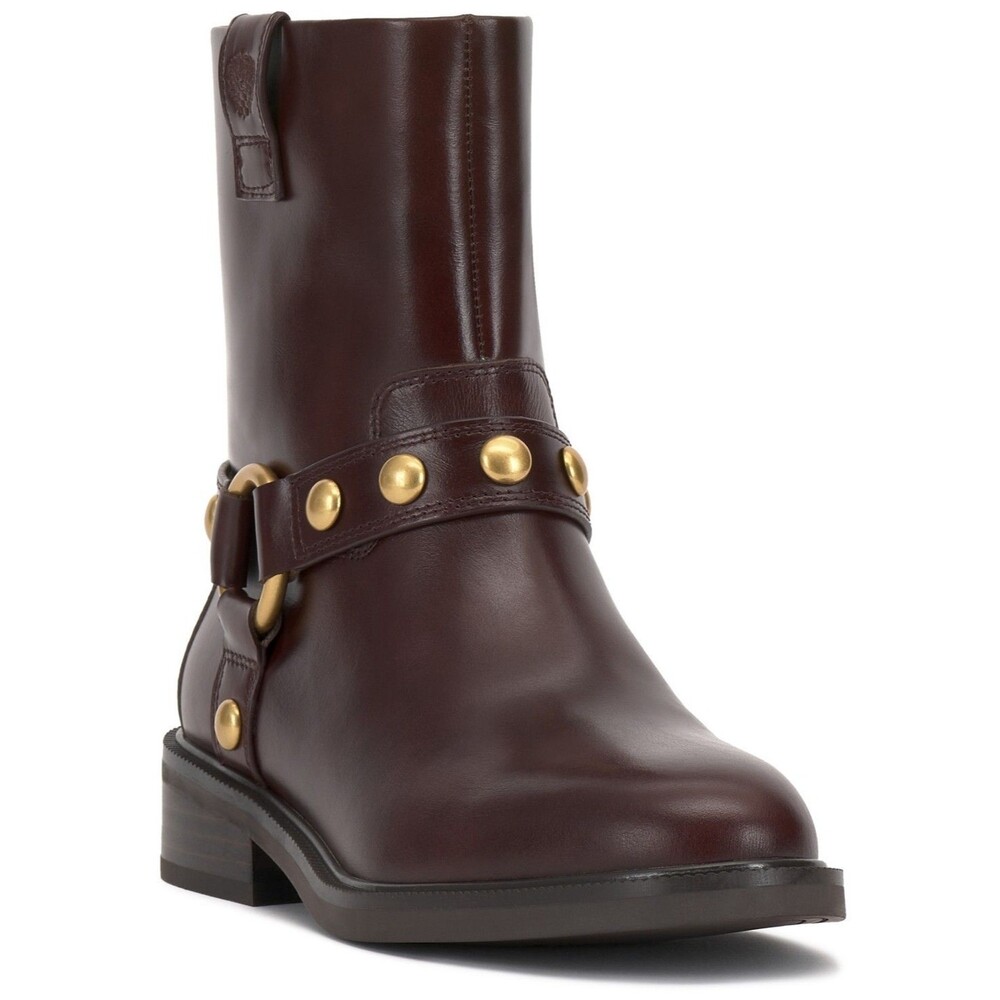 Vince Camuto Amais Boots Women US 8.5M Rich Mahogany Leather Studded Moto Bootie